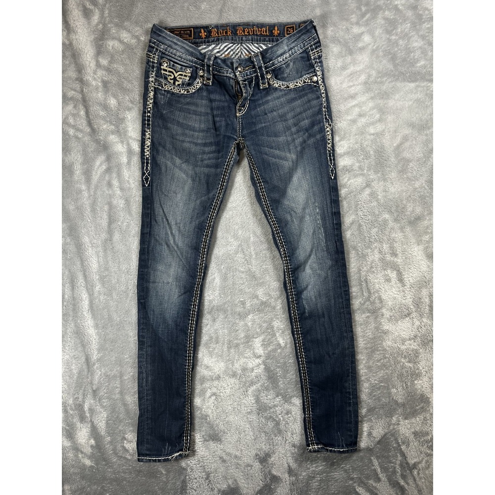 Rock Revival KAI Womens Jeans 26x29 Blue Flap Pockets Skinny Jeans Embroidered